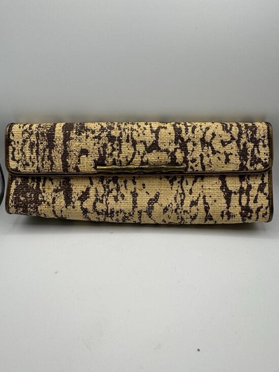 Elaine Turner Handbags - Vtg Rare Elaine Turner Straw Envelope Clutch Splatter Print Leather Trim Italy